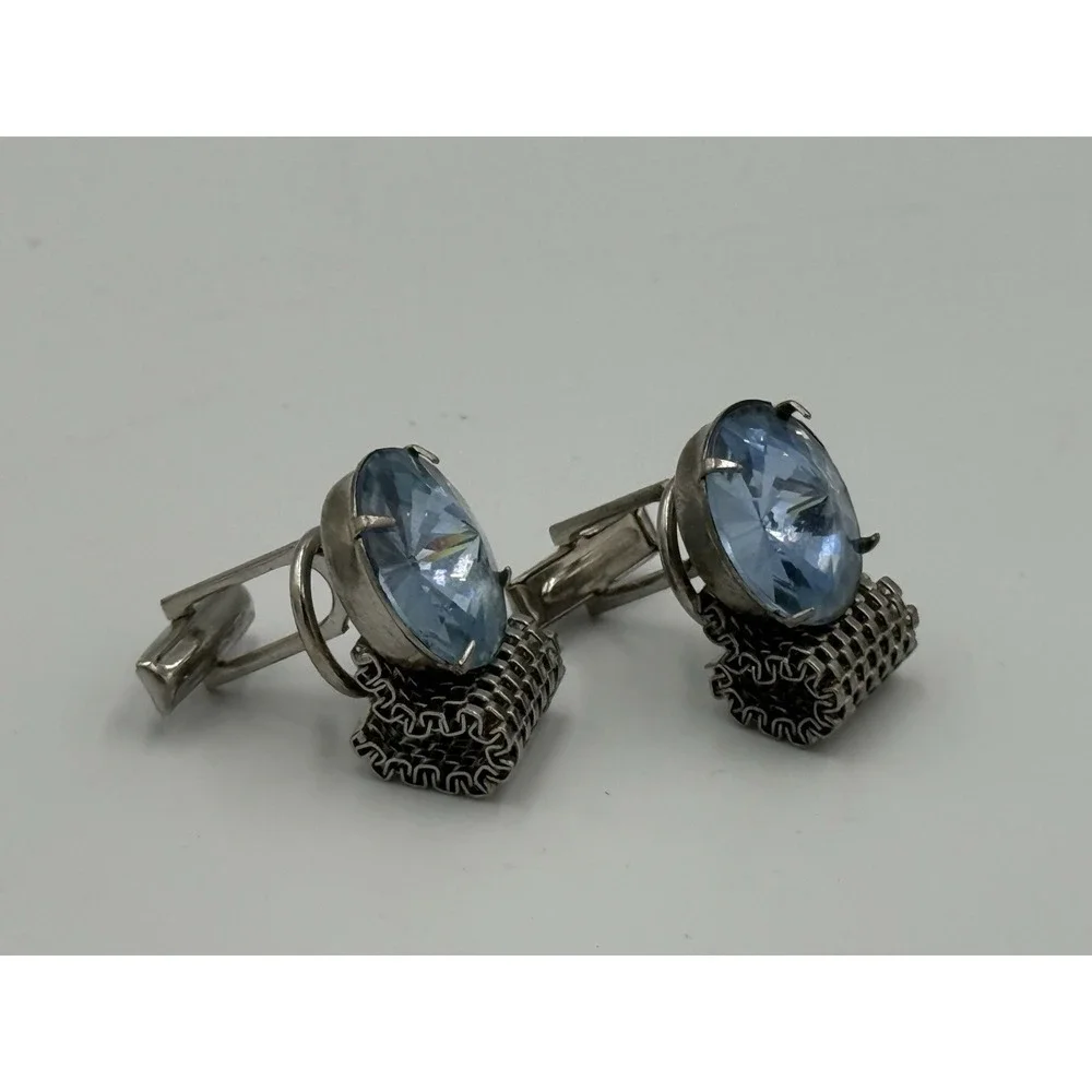 Vintage Silver-Tone Mesh Wrap Cufflinks Blue Rhinestone Round Center Mid-Century